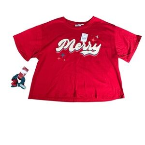 Women’s Merry Christmas Shirt Red Graphic Tee  XL w/ Scrunchie NWT Holiday